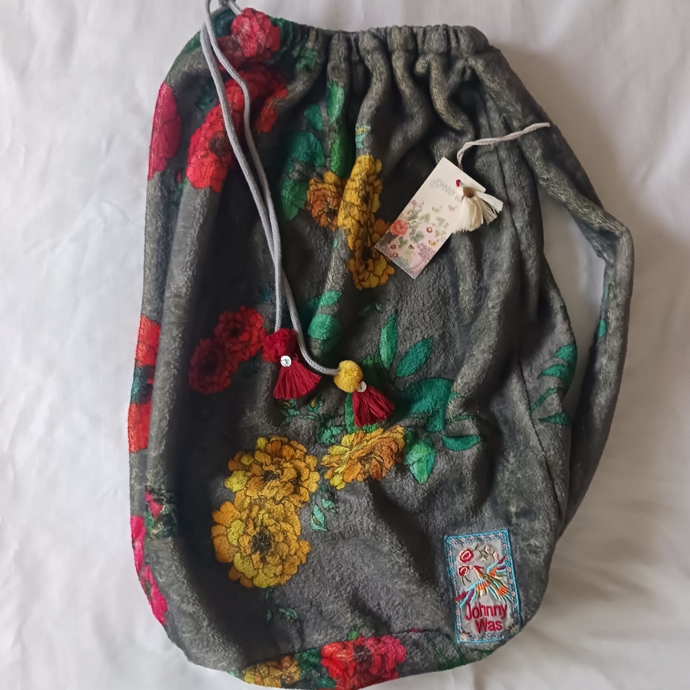 Johnny Was Serrano Fleece Boho SLING BAG Shoulder Drawstring Floral Gypsy Crafts